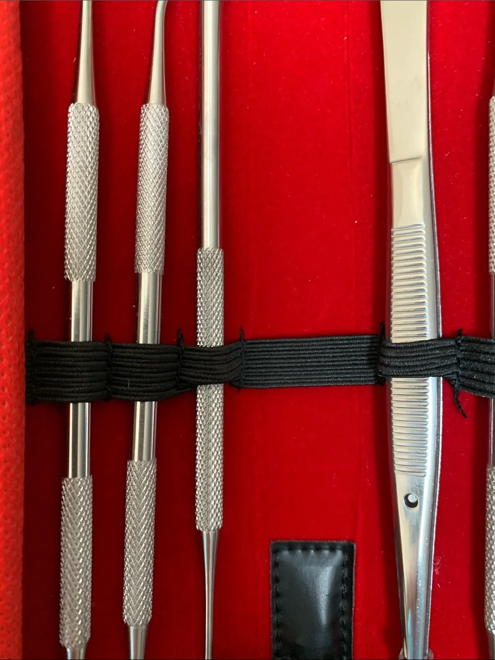 Dental Stainless Steel Tool Set for Teeth Cleaning in Red Roll Case. Pre-Owned.